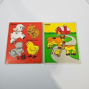Vintage Playskool Wood Inset Puzzles Farm and My Baby Pets Lot of 2 Made in USA